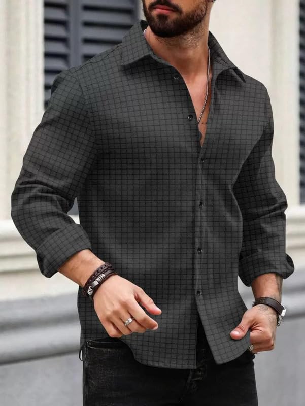 Image of DEELMO Men's Regular Fit Button Down Dress Shirts Textured Long Sleeve Casual Hawaiian Shirt