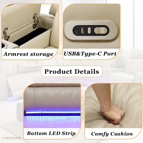 Image of Leather Power Reclining Sectional Sofa Set with LED, Leather Sectional Recliner Couch Set with 5 Recliner Seats,Modular Sofa with USB Port,Cup Holder,Storage for Living Room Furniture