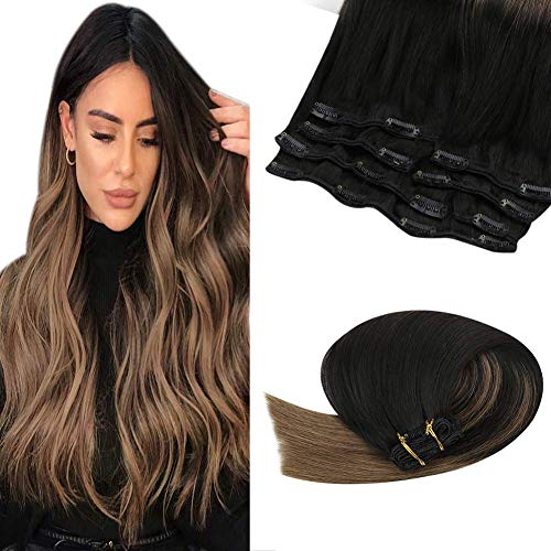JoYoung Clip in Extensions Ombre Natural Black To Medium Brown Double Weft Hair Extensions Clip in Human Hair,Ombre Clip in Hair 14inch 7pcs 120gram