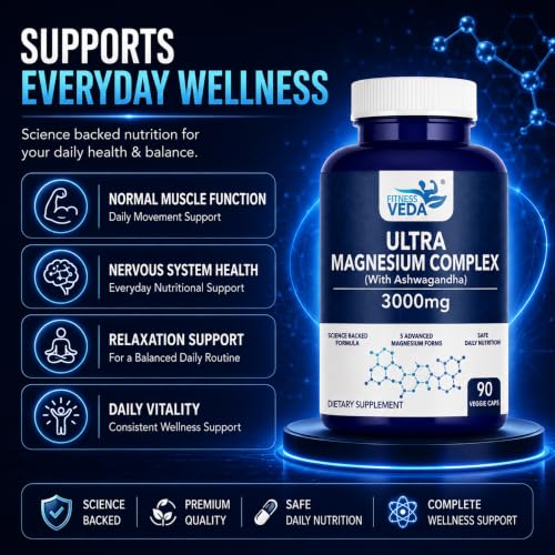 Image of Fitness Veda Ultra Magnesium Complex with Ashwagandha, Vitamin B6 & 5 Magnesium Forms, 3000mg, 90 Veggie Capsules