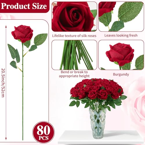 Ovveroche 80 Pcs Roses Artificial Flowers, Silk Crimson Burgundy Artificial Flowers Petals Long Stem Roses for Wedding Bouquet Home Party Decor
