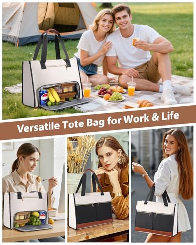Bnlcd Lunch Tote Bag for Women - 15.6 Inch Laptop Work Bag with Insulated Lunch Compartment - Large Capacity Quilted Computer Handbag - Leakproof Lunch Box for Women Adults, White-black - image 2