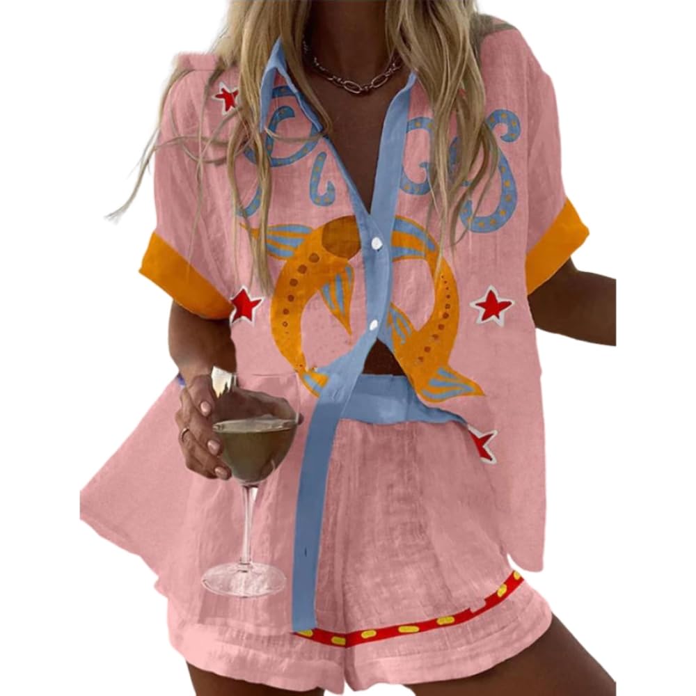 Womens Vacation Beach Two Piece Outfits Casual Floral Button Down Shirt Tops and Drawstring Shorts Summer Suit Sets