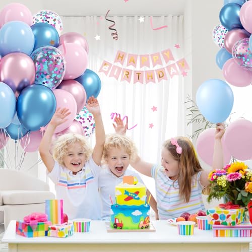 Image of 61pcs Pink and Blue Balloons, 12 Inch Macaron and Metallic Blue Pink Latex Party Balloons for Gender Reveal Baby Shower Wedding Bridal Shower Birthday Graduation Party Decorations