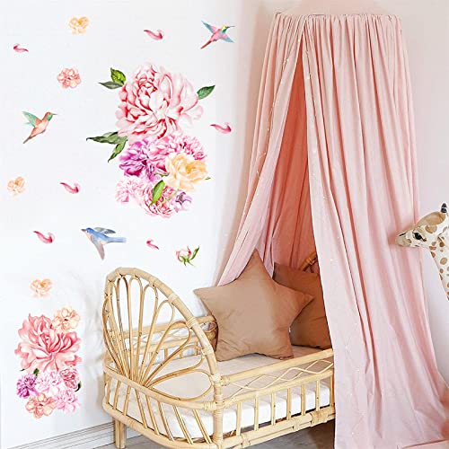 Colorful Floral Wall Decals Large Peony Flower Wall Stickers Peel And Stick Spring Pink Flowers Wall Decals Watercolor Birds Floral Flower Wall Stickers For Girls Room Bedroom Nursery Decor #TOP5