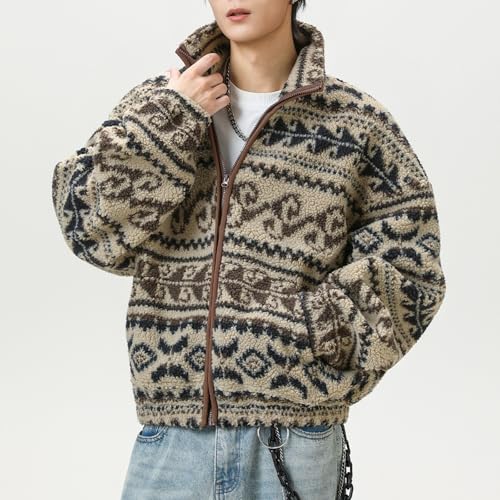 Mens Jacket Ethnic Style Jacquard Fleece Fall Winter Stand Collar Warm Coat - image 5