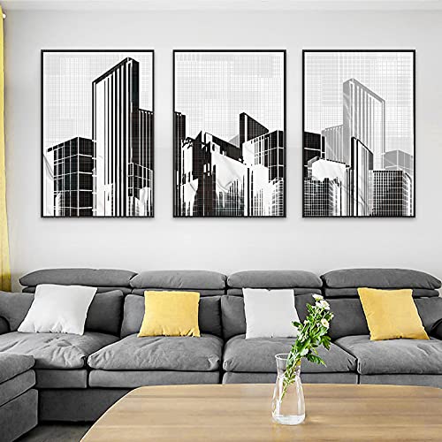 Hanpmy Affiche d'art de mur de bâtiment géométrique moderne de bâtiment de ville minimaliste décor noir et blanc pour le salon 50x70cm (50x70cm) 3pcs sans cadre