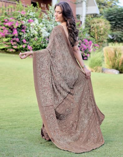 Image of SIRIL Women's Printed Silk Crepe Saree with Unstitched Blouse