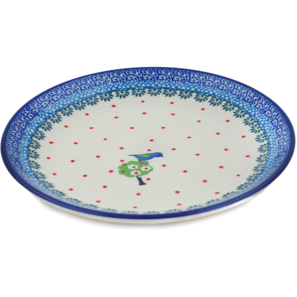Authentic Polish Pottery Dessert Plate in Tree Bird Design Handmade in Boles?awiec Poland by Ceramika Artystyczna + Certificate of Authenticity
