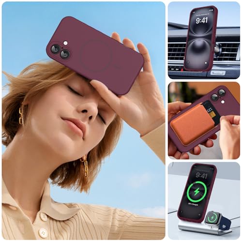 Image of Miracase Magnetic for iPhone 16 Plus Case, [Soft Anti-Scratch Microfiber Lining], Compatible with MagSafe, Liquid Silicone Shockproof Drop Protection Phone Case for 16 Plus,Wine Red