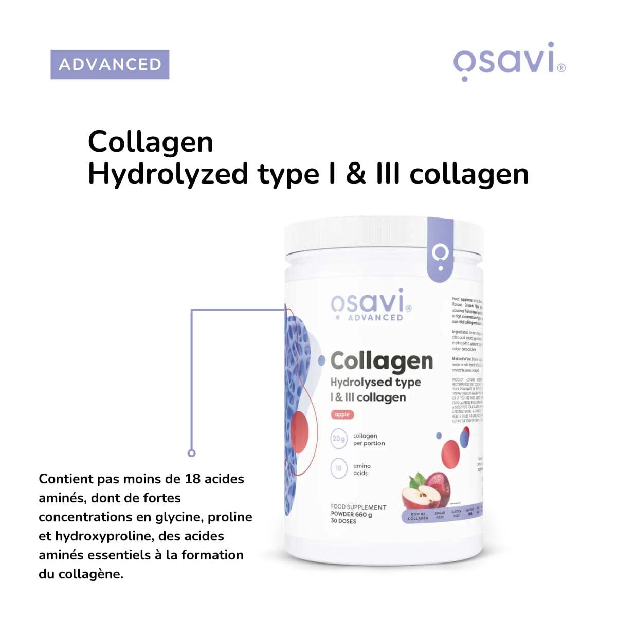 Osavi Collagène Hydrolysé Type I & III – 660 g Poudre | Saveur pomme | 20 g de peptides par portion | 18 acides aminés dont glycine & proline | Soutient muscles & os | Se dissout facilement