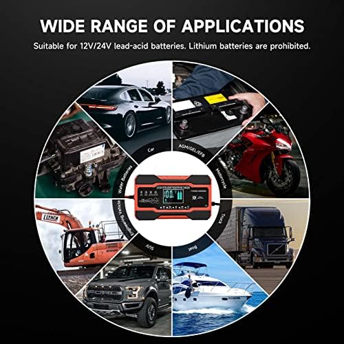 10 Amp Car Battery Charger, 12V/24V Automatic Battery Charger with 7-Stage Charging and LCD Screen, Intelligent Charges, Repairs, Maintains for Car Motorcycle Boat Mower, AGM GEL and Lead Acid Battery