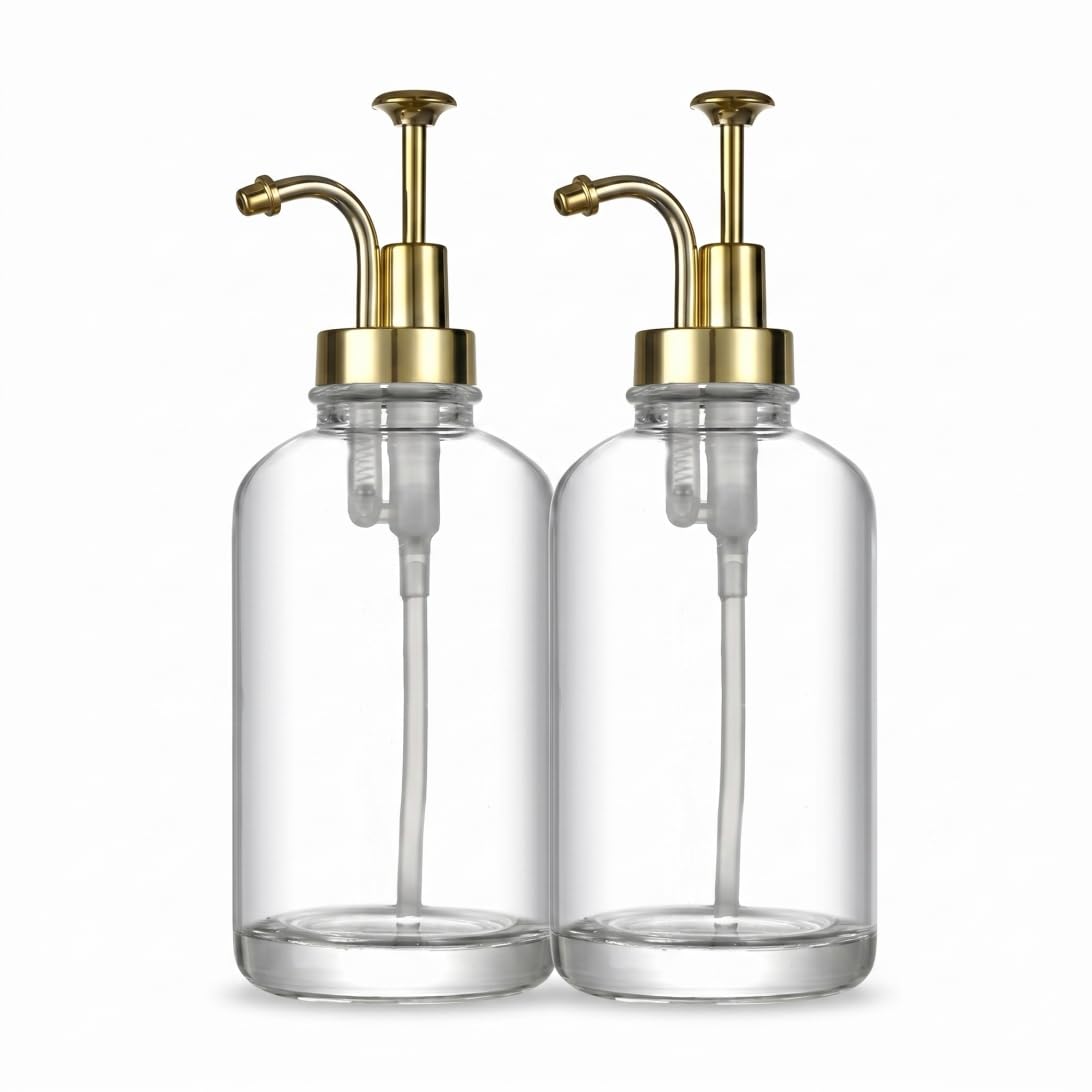 2er-Pack Seifenspender-Set aus Glas, nachfüllbare Hand- und Spülmittelspender mit goldfarbener Metallpumpe, durchsichtige Flaschen, ideal für Küche und Badezimmer, Gold