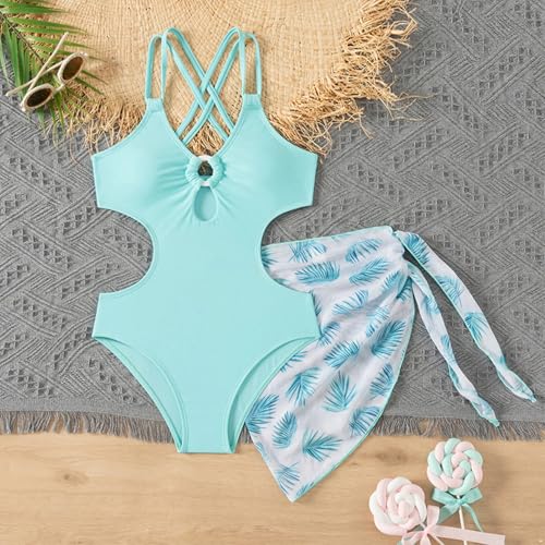 Kids Girls 2-Piece Summer Beachwear Hawaiian Strappy Padded Short Swimwear with Tulle Cover Up Skirt3