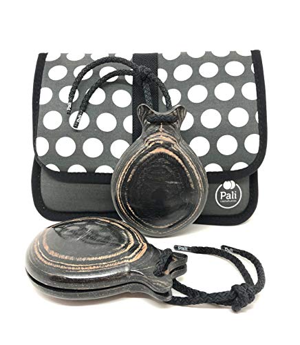 Castañuelas PALI modelo TABLAO en Granadillo con DOBLE CAJA. Conservatorio. (Funda Negra Lunares Blancos) Cover