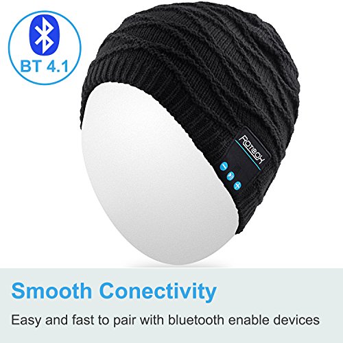 Rotibox Rechargeable Bluetooth Audio Beanie Hat Fashional Double Knit Skully Cap w/Wireless Stereo Headphone Headset Earpiece Speakerphone Mic for Sports Skating Hiking Camping - Black