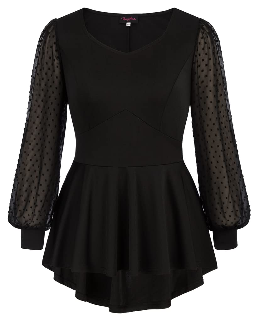 Hanna Nikole Blusa de mujer de talla grande, diseño de lunares suizos, de malla, manga larga, con volantes, dobladillo