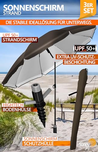 4smile Sonnenschirm Strand SunnyJoy Ø 180 cm, 3er Set - Strandschirm mit UV Schutz 50+, inkl. Sonnenschirm Schutzhülle und Bodenhülse - Strandschirm windfest stabil, Sonnenschutz Strand, Taupe – Bild 3