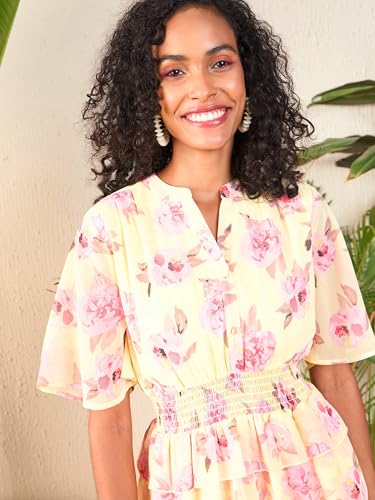 Image of SASSAFRAS Women's Layered Hem Short- Floral Printed Flared Sleeve Layered Georgette Fit & Flare Dress