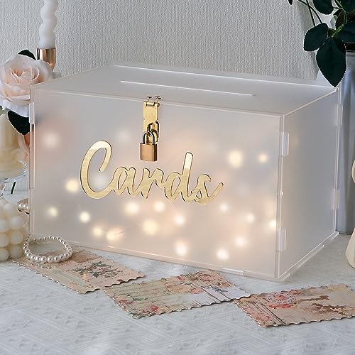 OurWarm Frosted Acrylic Wedding Card Box with String Light, Large Gift Card Box Holder for Wedding Reception, Honeymoon Fund Envelope Money Boxes for Party Graduation Baby Shower Birthday Decorations