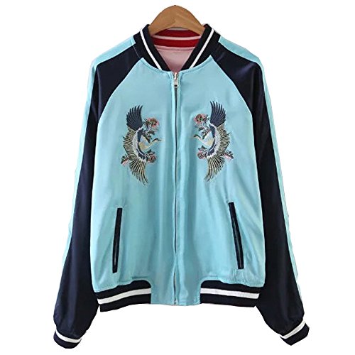 Women's Reversible Crane Tiger Fujiyama Embroidery Bomber Jacket Japanese Style Pink Blue3