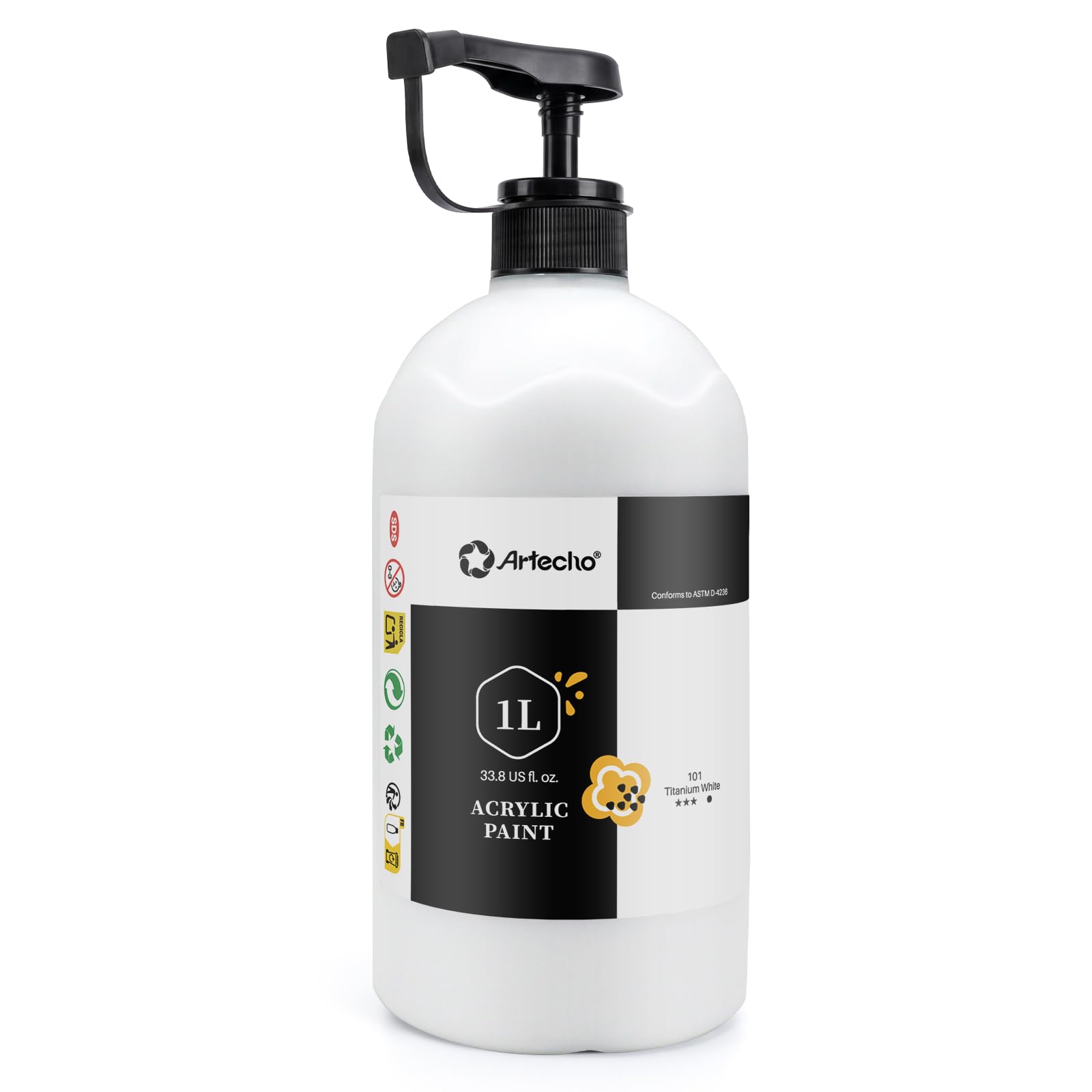 Artecho White Titanium Acrylic Paint - Large Bottle 1000Ml / 33.8Oz, Craft Paint For Canvas, Rocks, Wood, Fabric, Ceramic, Non-Toxic