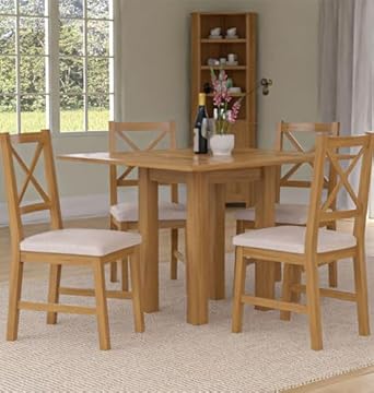 Hallowood Furniture Waverly Oak Small Dining Table and Chairs Set 4, Folding or Extending Square Kitchen Table and Chairs with Cross Back and Beige Fabric Padded Seats for Home and Café