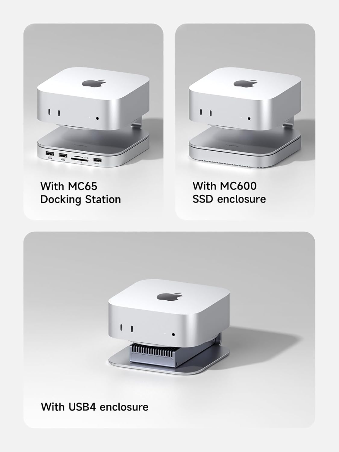 Hagibis Mac mini M4 Stand shown with various Hagibis docking stations and SSD enclosures