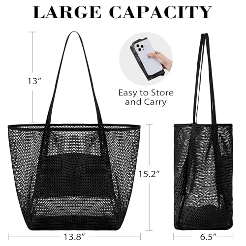 Image of Tavaleu Mesh Beach Bag, Beach Bags for Women, Woven Straw Beach Tote Bag Waterproof with Inner Pocket, Packable Beach Bag