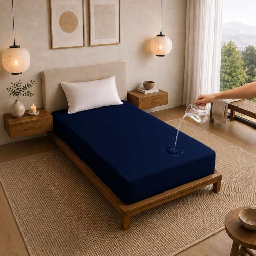DREAM CARE Water Proof Lycra Stretchable Fitted Mattress Protector 78x36 Inch for Single Bed with Elastic Strap Ultra Soft Mattress Cover Hypoallergenic Bed Cover (Navy Blue)