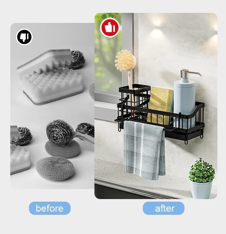 Sponge Holder for Kitchen Sink, Sink Caddy with High Brush Holder, Organzier Rustproof 304 Stainless Steel Dish Organizer Wall Mount, Soap Dispenser Storage - Image 5