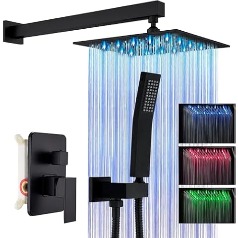 Suguword Shower Faucet Set Matte Black Rain Shower System with 12 Inch LED Square Rainfall Shower Head and and Handheld Spray Luxury Bathroom Shower Faucet Sets Complete Combo Set Wall Mounted Cover