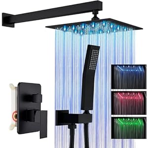 Suguword Shower Faucet Set Matte Black Rain Shower System with 12 Inch LED Square Rainfall Shower Head and and Handheld Spray Luxury Bathroom Shower Faucet Sets Complete Combo Set Wall Mounted
