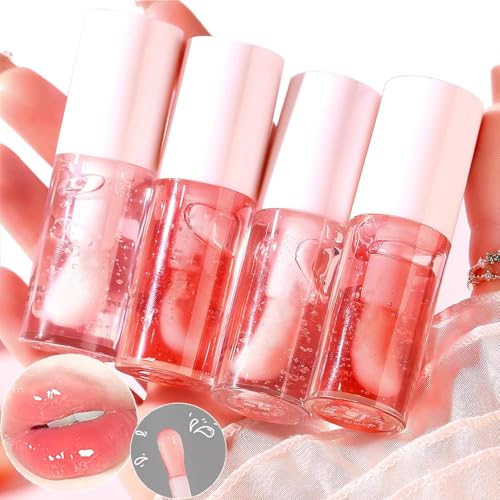 Dulele 4PCS Fruit Flavoured Lip Oil Set, Moisturizing Plumping Lip Glow Oil, No-Sticky Lip Gloss Lip Balm, Hydrating Nourishing Lip Care for Women/Peach/Strawberry (Pink, M)
