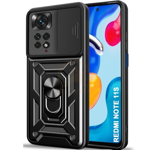 Image of Armor Bumper Back Cover Case for Redmi Note 11 / 11S Rotating Camera Cover, Ring Holder & Kickstand | Heavy Duty & 360 Degree Protection Redmi Note 11 / 11S Back Cover (Black)