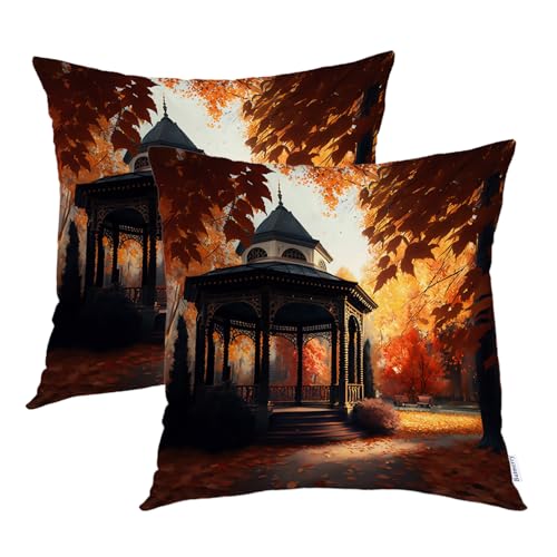 Batmerry Autumn Maple Forest Throw Pillow Covers, Gazebo Fire Red Leaves Scenery Decorative Pillow Covers Digital Printing Blended for Couch Sofa Bed Invisible Zipper 20X20 in(Set of 2)