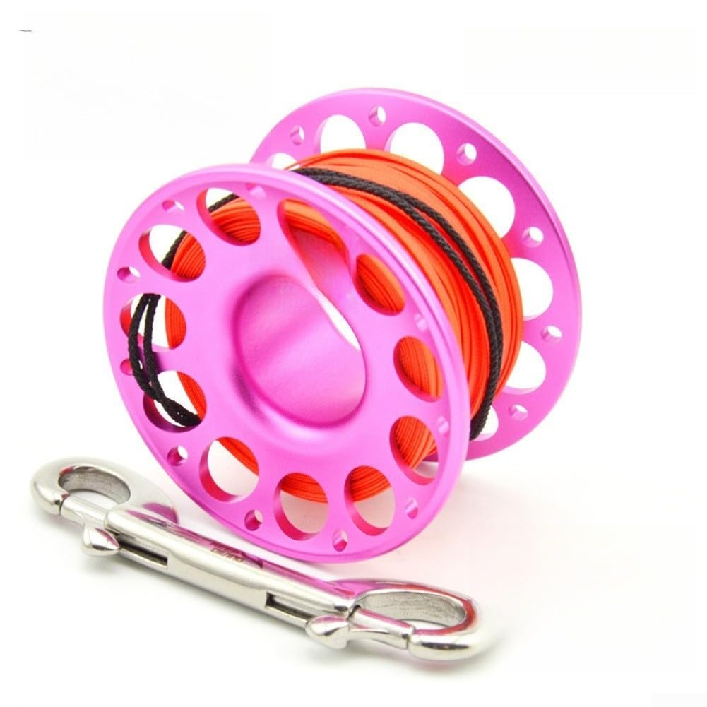 Carrete de buceo con doble gancho de acero inoxidable de aviación de aluminio subacuático para SMB Anti-Twist Joint Dive Line Winder para cueva y buceo técnico (30 m-rojo rosa)