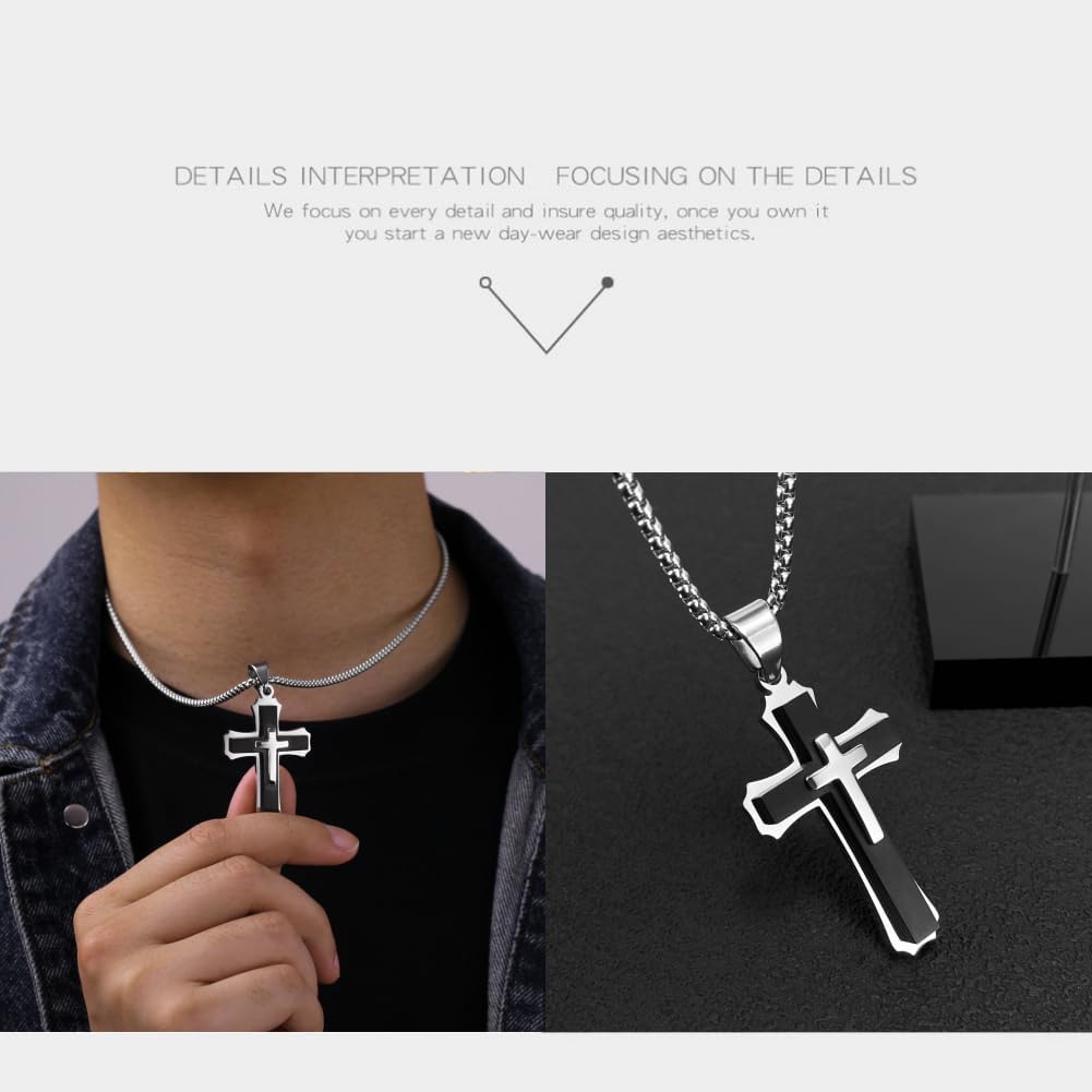 OLEVS Men's Cross Pendant Necklace Large Stainless Steel Cross Pendant Necklace for Men Women