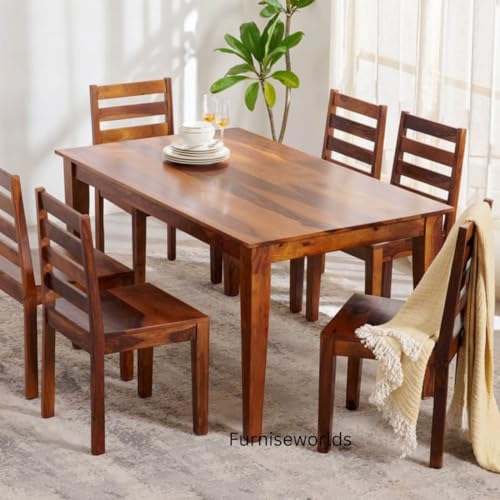 Image of Sheesham Wood 6 Seater Dining Table with Chairs, Sheesham Wood Six Seater Dining with 6 Chairs Living Room 1 Year Warranty