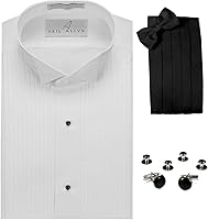 Vista 1 de Camisa de esmoquin con cuello de ala, Cummerbund, pajarita, gemelos y tachuelas Set Blanco, Blanco