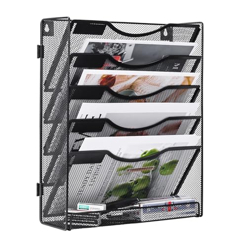 TQVAI Organizador de almacenamiento de 6 niveles de metal para archivos de pared, organizador de escritorio de papel A4 montado en la pared, organizador de artículos de papelería ordenado en bandeja