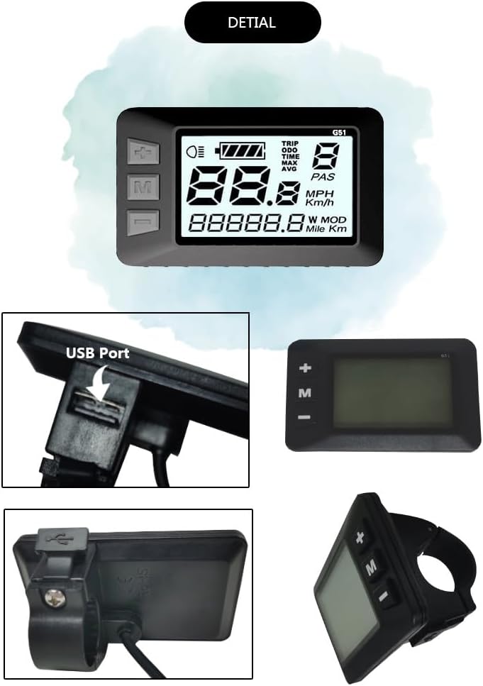 Electric Bicycle 24/36/48V Intelligent JN-G51 Display with USB Port E-Bike LCD Control Panel 5Pin Waterproof Plug Accessories Cycling Computer E-Scooter Ebike Display Modification Accessories