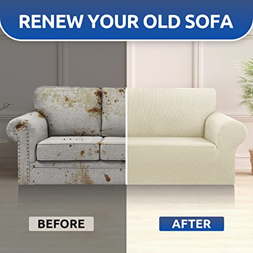 KEKUOU Stretch Oversized Sofa Slipcover 1 Piece Couch Sofa Cover (94"-110") Furniture Protector 4 Seater Sofa with Elastic Bottom for Kids,Pet.Jacquard Checked Pattern Fabric(X Large,Beige)