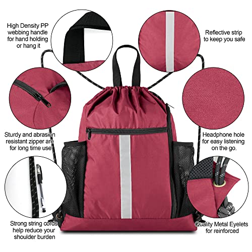Image of BeeGreen Gym Sack Drawstring Bag Sports String Backpack with Shoe Compartment and Two Water Bottle Holder for Unisex Men Women Heavy Duty Cinch Sackpack