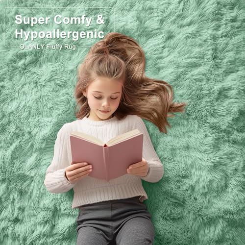 OLANLY 3x5 Machine Washable Small Bedside Rug, Soft Fluffy Shaggy Rugs for Living Room, Bedroom, Indoor Floor Carpet for Kids Girls and Boys, Preppy Dorms, Nursery, Home Decor Aesthetic, Mint Green