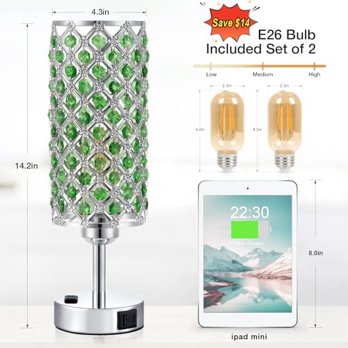 Image of Hong-in Green Crystal Lamp Touch Control Set of 2, Crystal Table Lamps with USB C+A Ports & AC Outlet, 3-Way Dimmable Nightstand Touch Lamp, Modern Bedside Table Lamp for Bedroom(Bulbs Included)