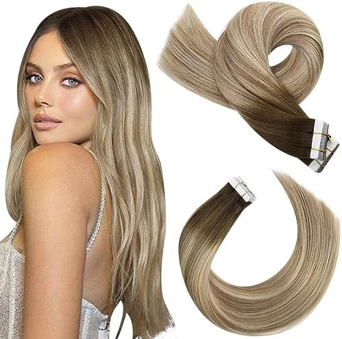 Moresoo Human Hair Extension Tape in Balayage Real Hair Tape in Extensions Light Brown with Platinum Blonde Ombre Tape in Hair Extensions Real Human Hair 12 Inch 20 Pieces/30g #8/22/8