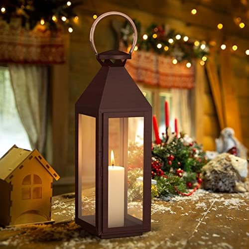INMOZATA Decorative Lantern Copper Metal Candle Lantern Glass Garden Floor Lantern Tealight Holder for Wedding Indoor Outdoor (18X19X53cm)