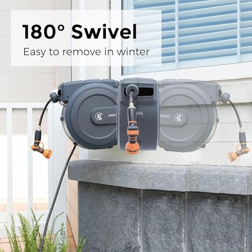 Giraffe Tools AW40 Retractable Hose Reel 5/8" x 90 ft Wall Mounted Garden Hose Reel Heavy Duty, Automatic Rewind, 180 Deg Swivel, Any Length Lock, 9 Pattern Nozzle, 90 ft, Dark Grey by Giraffe Tools - Image 5