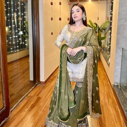 Image of Shishkala Women's Off-White Embroidered Kurta with Green Sharara & Dupatta Set - 3 /4 Sleeve, Round Neck, Above Knee Length | Party | Wedding